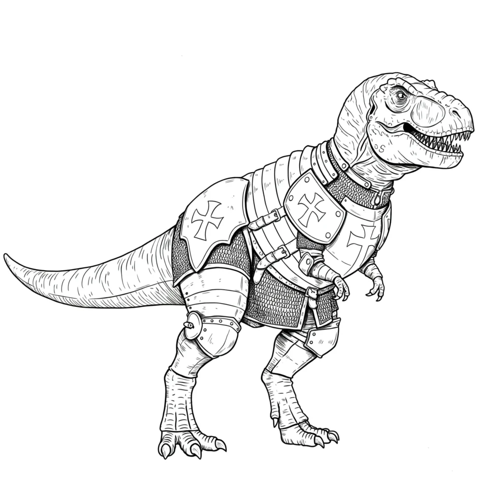 Ausmalbild eines T-Rex in Ritterrüstung, bereit für ein Abenteuer – ideal für Kinder zum Ausmalen.