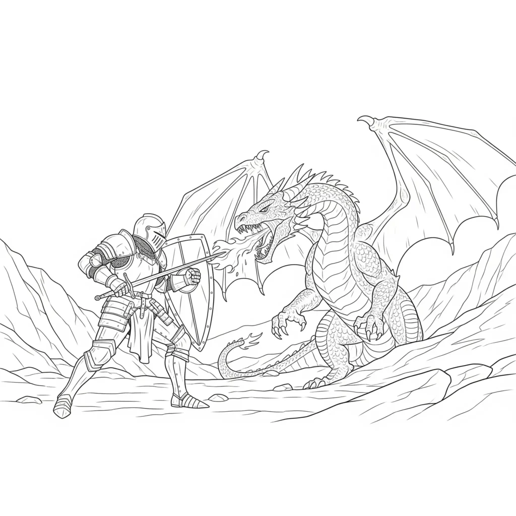 Ritter gegen Drache Malvorlage als lego figur für kinder zum ausdrucken als pdf kostenlos