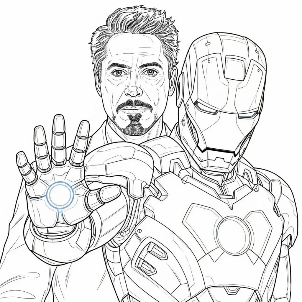 Ausmalbild von Robert Downey Jr. zusammen mit Iron Man, ideal zum Ausdrucken und Ausmalen für Fans und Kinder