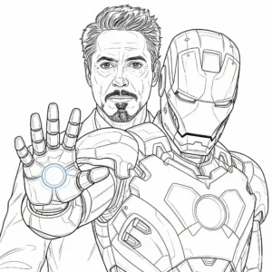 Ausmalbild von Robert Downey Jr. zusammen mit Iron Man, ideal zum Ausdrucken und Ausmalen für Fans und Kinder