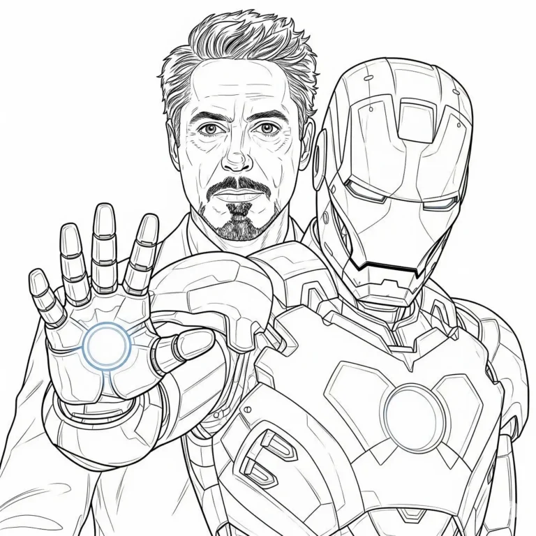 Ausmalbild von Robert Downey Jr. zusammen mit Iron Man, ideal zum Ausdrucken und Ausmalen für Fans und Kinder