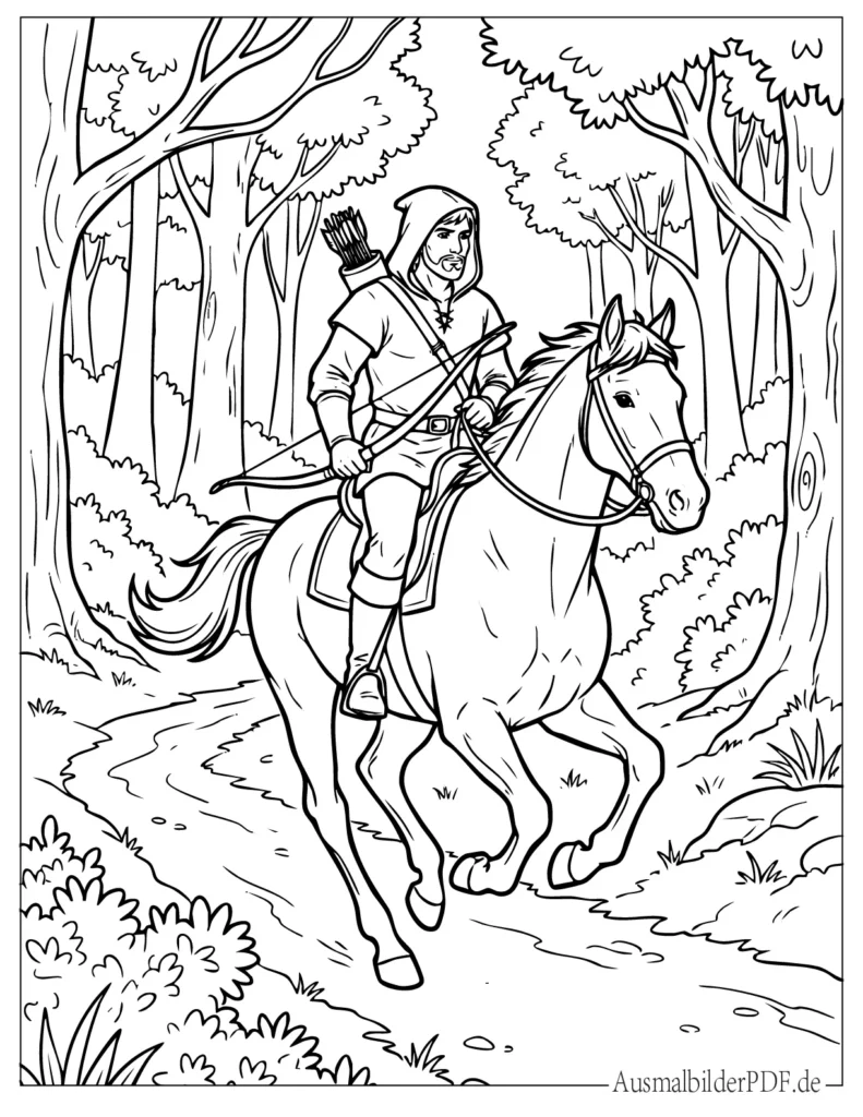 Abenteuerliches Robin Hood ausmalbild auf einem Pferd reitend durch den Wald, passende Malvorlage für Kinder und Erwachsene