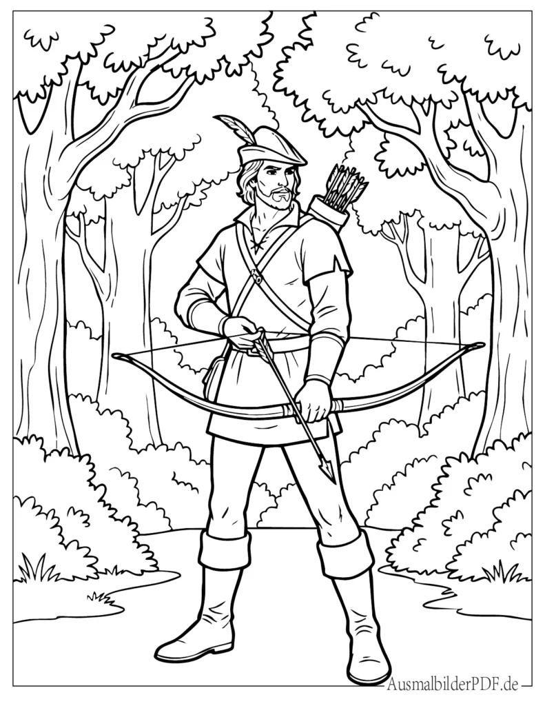 Detailreiches Robin Hood Ausmalbild mit stehender Heldenpose und Bogen, ideale Malvorlage für Kinder und Erwachsene zum Ausdrucken