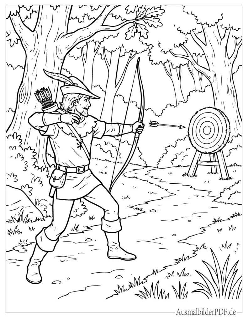 Spannendes Robin Hood Malbild beim Bogenschießen auf eine Zielscheibe, detailreiche Malvorlage für Kinder und Erwachsene zum Ausdrucken
