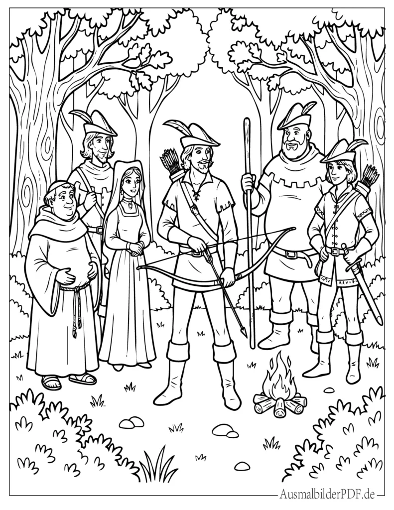 Detailreiche Robin Hood Druckvorlage mit seinen Freunden im Abenteuerstil, geeignet für Kinder und Erwachsene