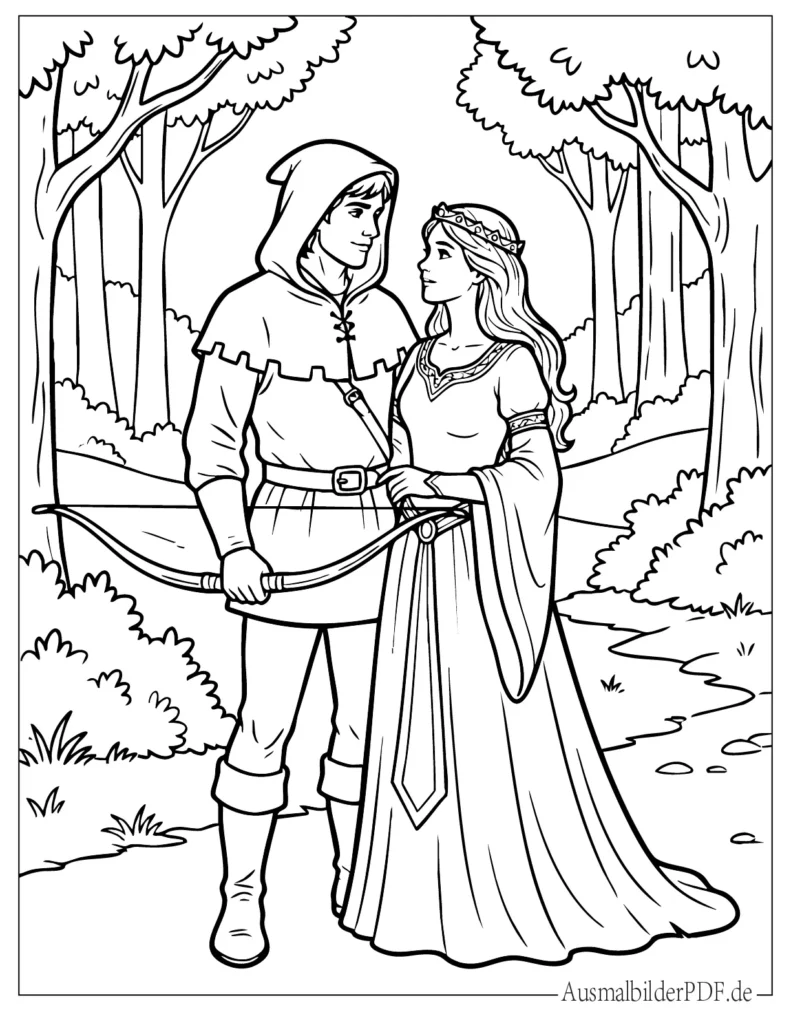 Romantische Robin Hood und Marian Malvorlage als ausmalbild im Wald, geeignet für Kinder und Erwachsene zum kostenlosen Ausdrucken