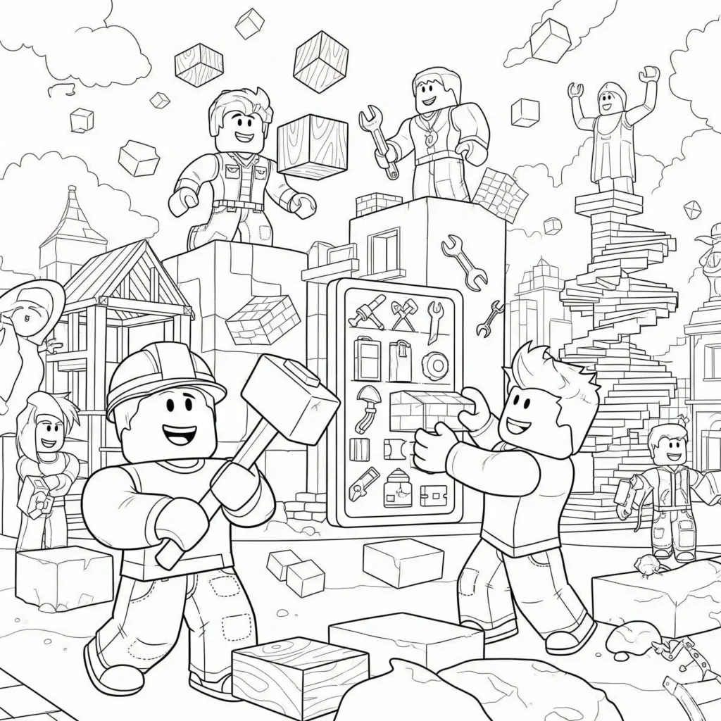 roblox malvorlage mit baumeister szene als pdf datei zum ausdrucken für kinder die gerne kreativ bauen und gestalten