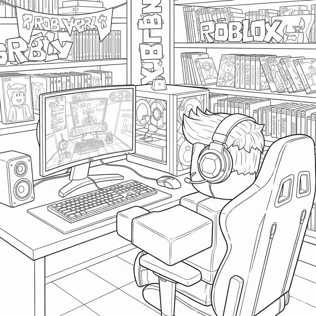 roblox malvorlage mit gamer ausstattung als pdf datei zum ausdrucken für kinder die spielzubehör und coole spielumgebungen mögen