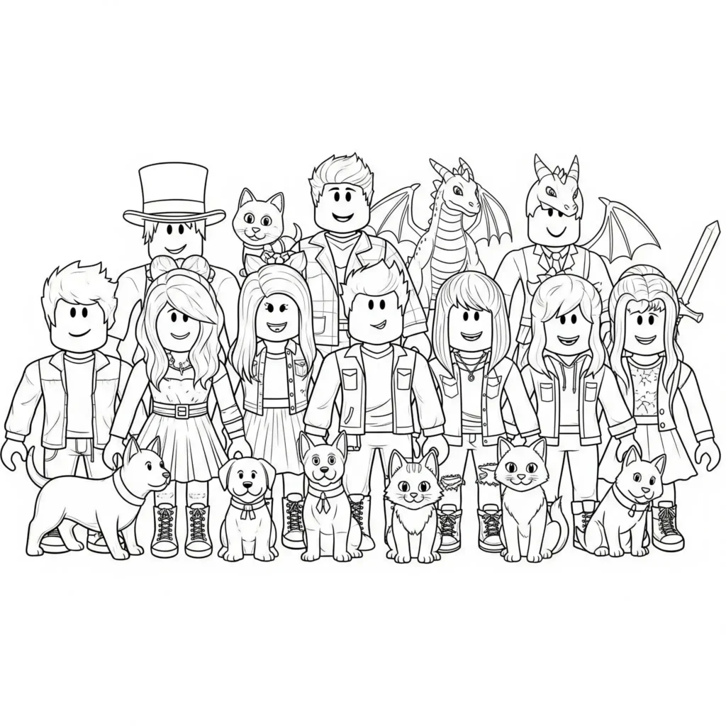 roblox malvorlage mit gruppenfoto als pdf zum ausdrucken geeignet für kinder die gern zusammen mit freunden kreative bilder ausmalen