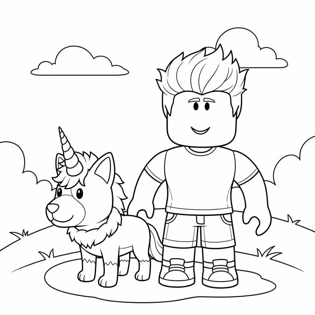 szene aus roblox mit spielfigur und haustieren als pdf malvorlage für kinder zum ausdrucken und ausmalen ideal für fans von tierischen begleitern