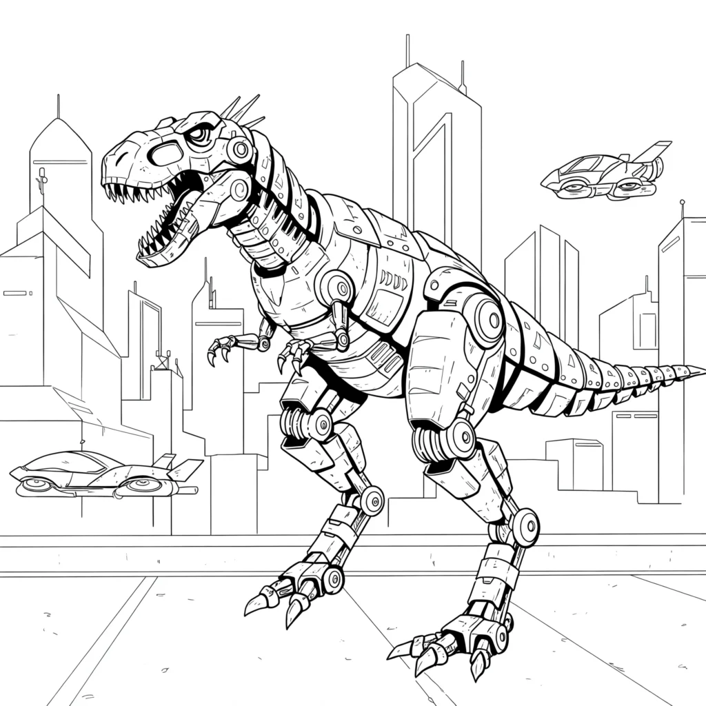 Ausmalbild eines Roboter T-Rex in einer futuristischen Stadt mit hohen Gebäuden und Neonlichtern, ideal für Kinder zum Ausmalen.