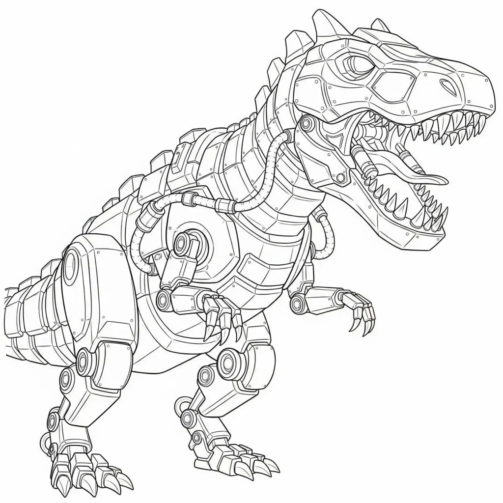 Allosaurus Ausmalbilder (Dinosaurier Malvorlage PDF drucken) Roboter Allosaurus Ausmalbild Mit Hydraulikkiefer zum gratis ausdrucken für kinder die futuristische dinosaurier mögen