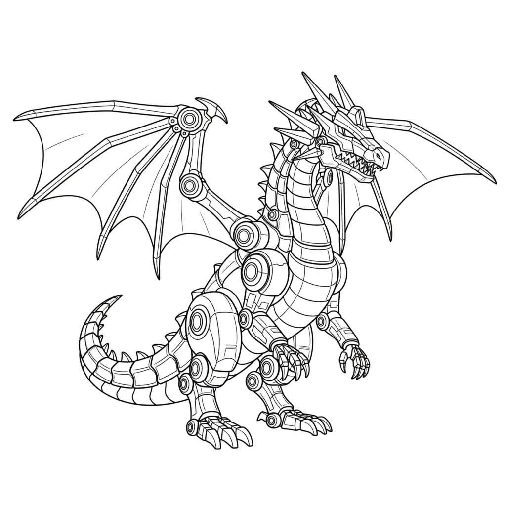 30 Drachen Ausmalbilder (Kostenlos Malvorlage zum Ausdrucken) Mechanischer Drache mit glänzenden Metallflügeln zum Ausmalen und Ausdrucken