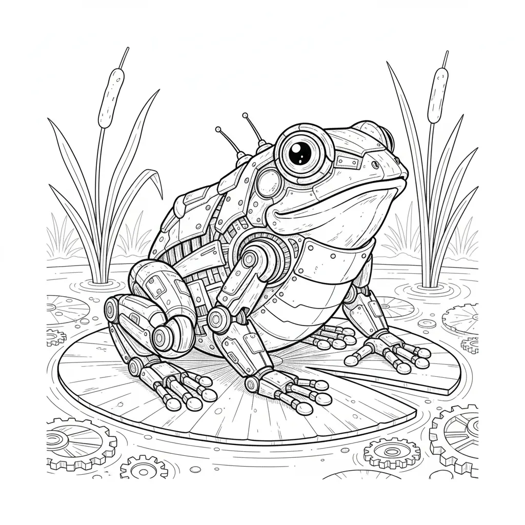 20+ Frosch Ausmalbilder (Kostenlos Malvorlage zum Ausdrucken) Ausmalbild eines Roboter Frosches mit mechanischen Details ideal zum Ausdrucken und Ausmalen für Kinder