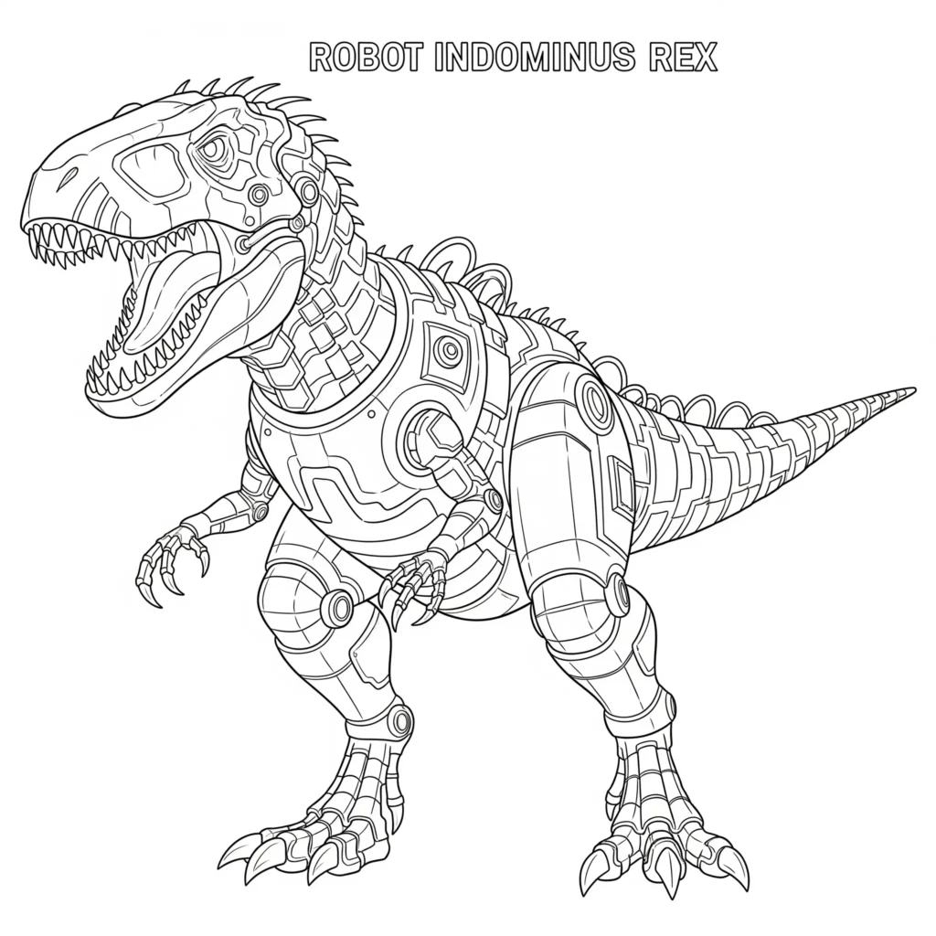 Roboter Indominus Rex Ausmalbild für Kinder und Erwachsene zum Ausdrucken kostenlos detailreiches Dinosaurier Malbild
