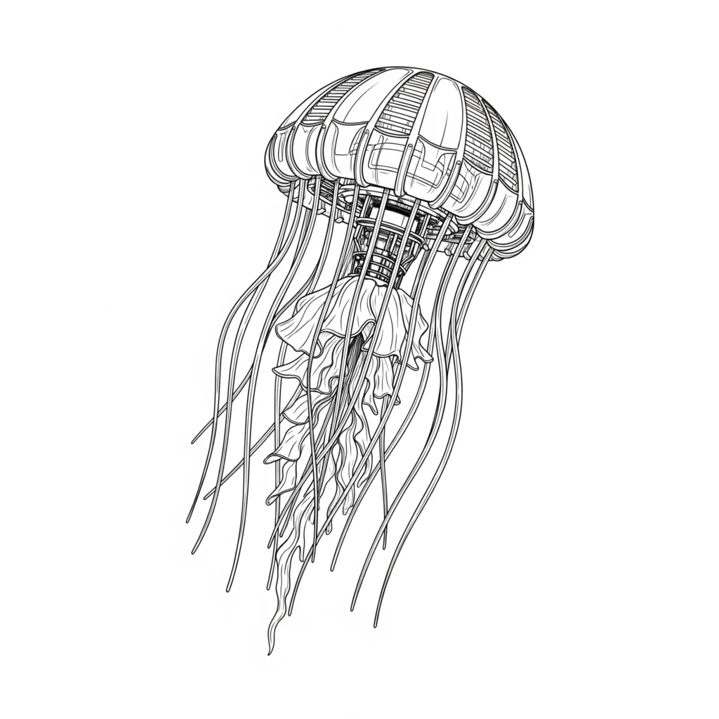 10+ Qualle Ausmalbilder (Gratis Malvorlage zum Ausdrucken) coole roboter qualle mit metallischen elementen und digitalen augen als ausmalbild für kinder quallen ausmalbilder zum ausdrucken kostenlos und kreativ