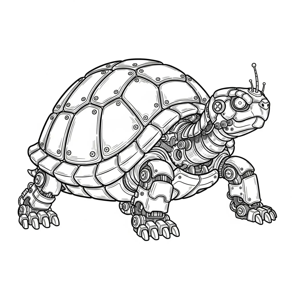 10+ Schildkröte Ausmalbilder (Gratis Malvorlage zum drucken) Eine Roboter-Schildkröte mit futuristischem Design. Dieses Ausmalbild eignet sich für Kinder und Erwachsene zum Ausmalen und Ausdrucken zu Hause.