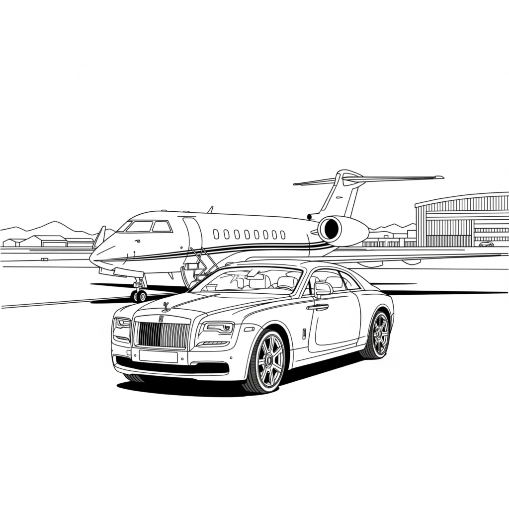 Ausmalbild mit Rolls Royce und Privatjet als luxuriöse Szene für Kinder zum Ausdrucken und Ausmalen im PDF-Format
