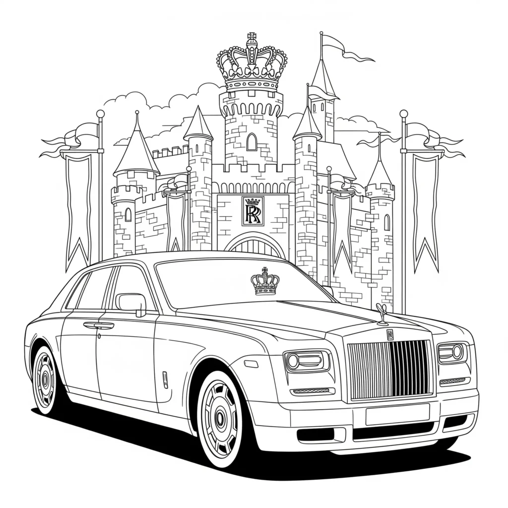 Edle Malvorlage mit Rolls Royce und königlichen Symbolen wie Krone. Ideal für Kinder als PDF zum Ausdrucken und Gestalten.