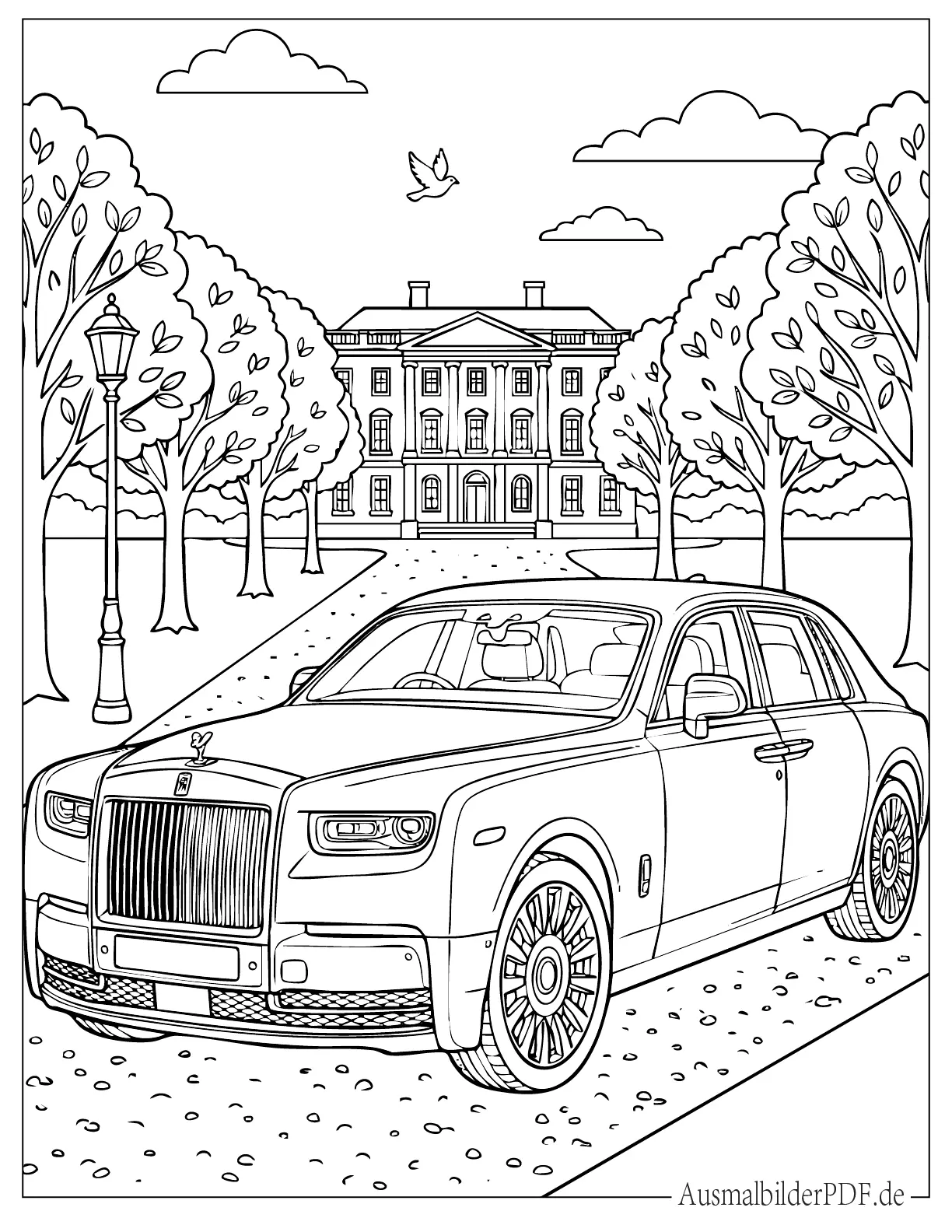 Rolls Royce geparkt vor luxuriöser Villa Ausmalbild