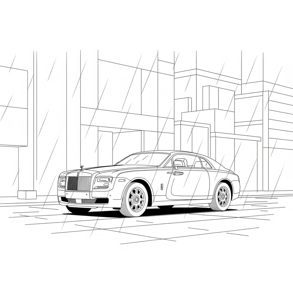 Malvorlage mit Rolls Royce an einem regnerischen Tag. Als PDF kostenlos zum Ausdrucken und ideal für kreative Kinderideen.