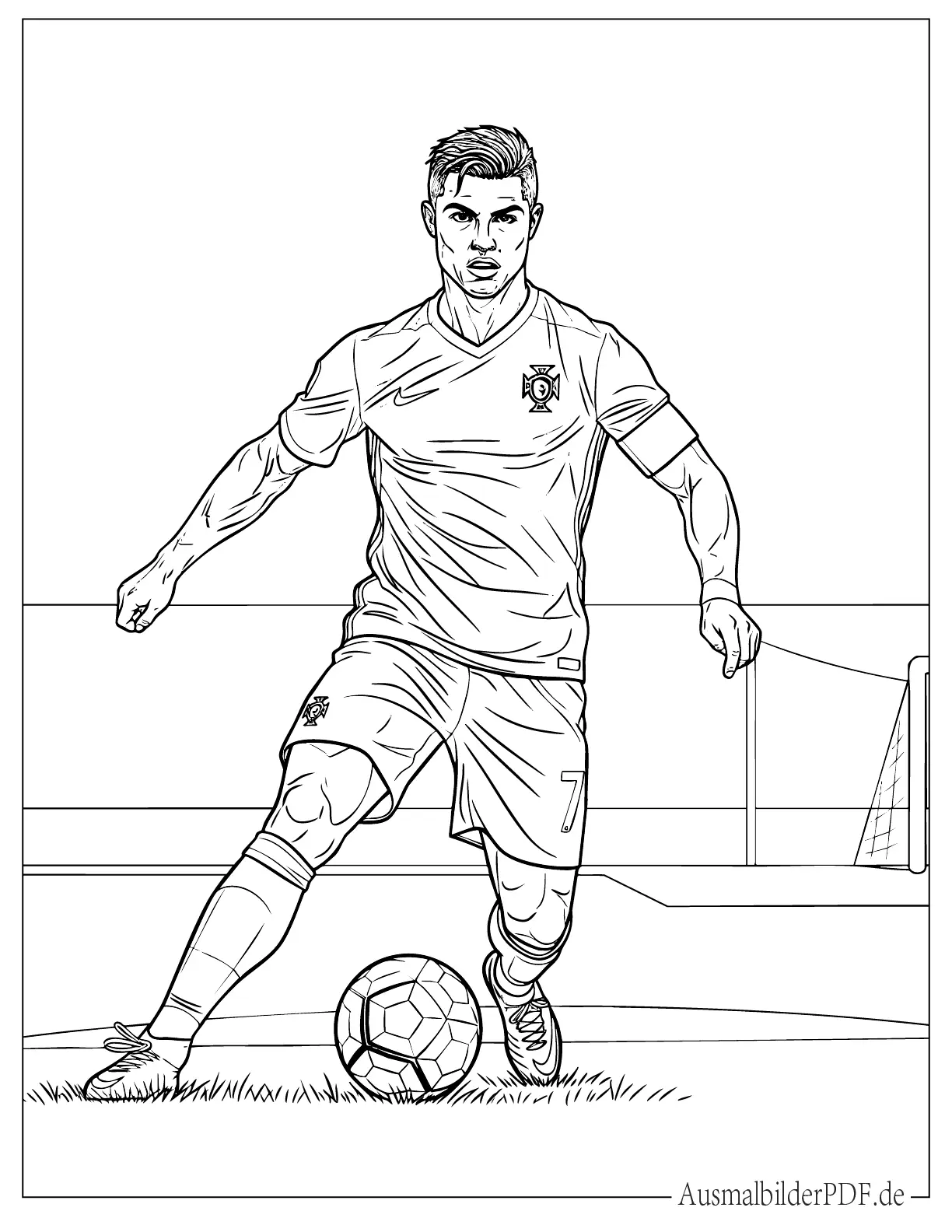 Ausmalbild Cristiano Ronaldo als Fußballstar in Aktion, detaillierte Malvorlage zum Ausdrucken für Kinder und Erwachsene Fußballfans