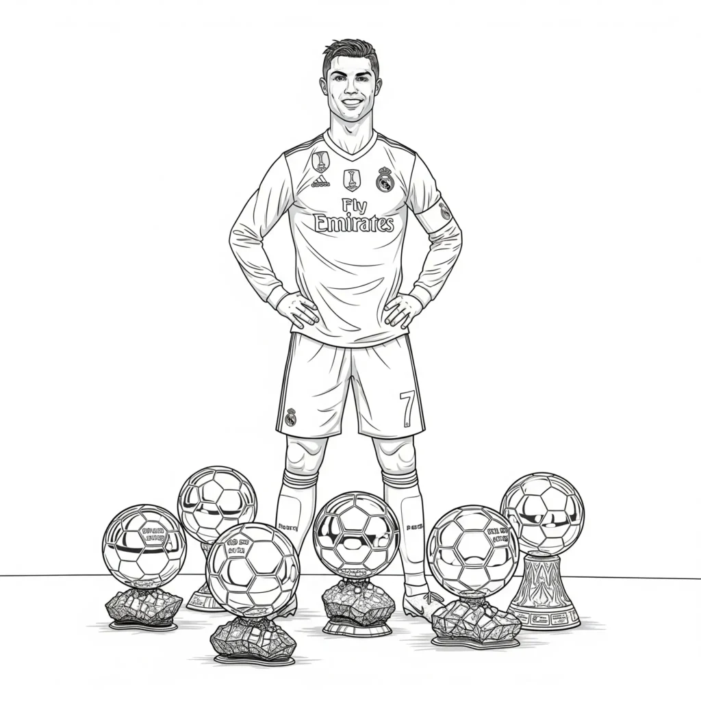 Ausmalbild von Ronaldo, wie er mit seinen Ballon d’Or Trophäen posiert, zum Ausdrucken und Ausmalen für Kinder und Fußballfans