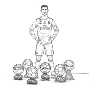 Ausmalbild von Ronaldo, wie er mit seinen Ballon d’Or Trophäen posiert, zum Ausdrucken und Ausmalen für Kinder und Fußballfans