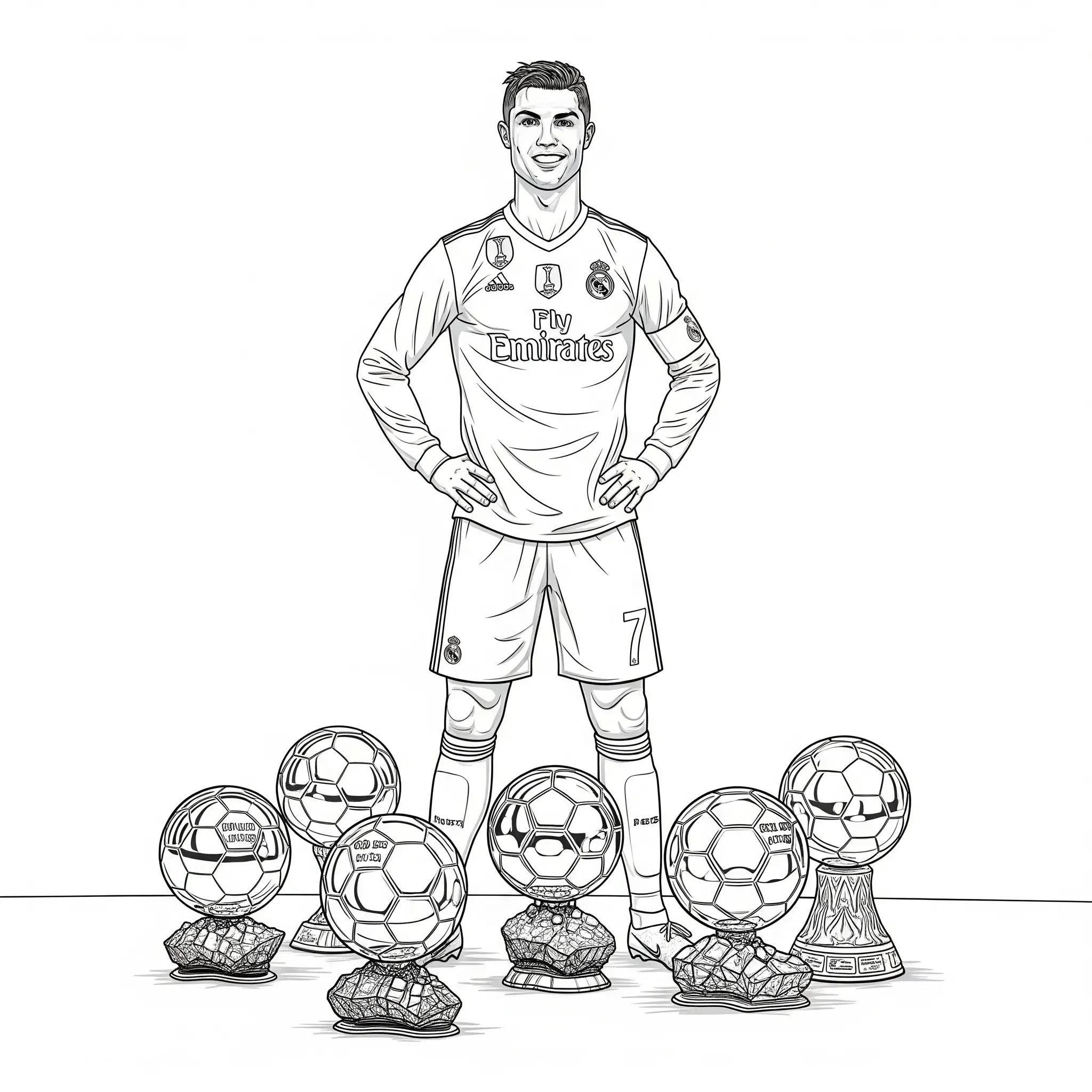 Ausmalbild von Ronaldo, wie er mit seinen Ballon d’Or Trophäen posiert, zum Ausdrucken und Ausmalen für Kinder und Fußballfans