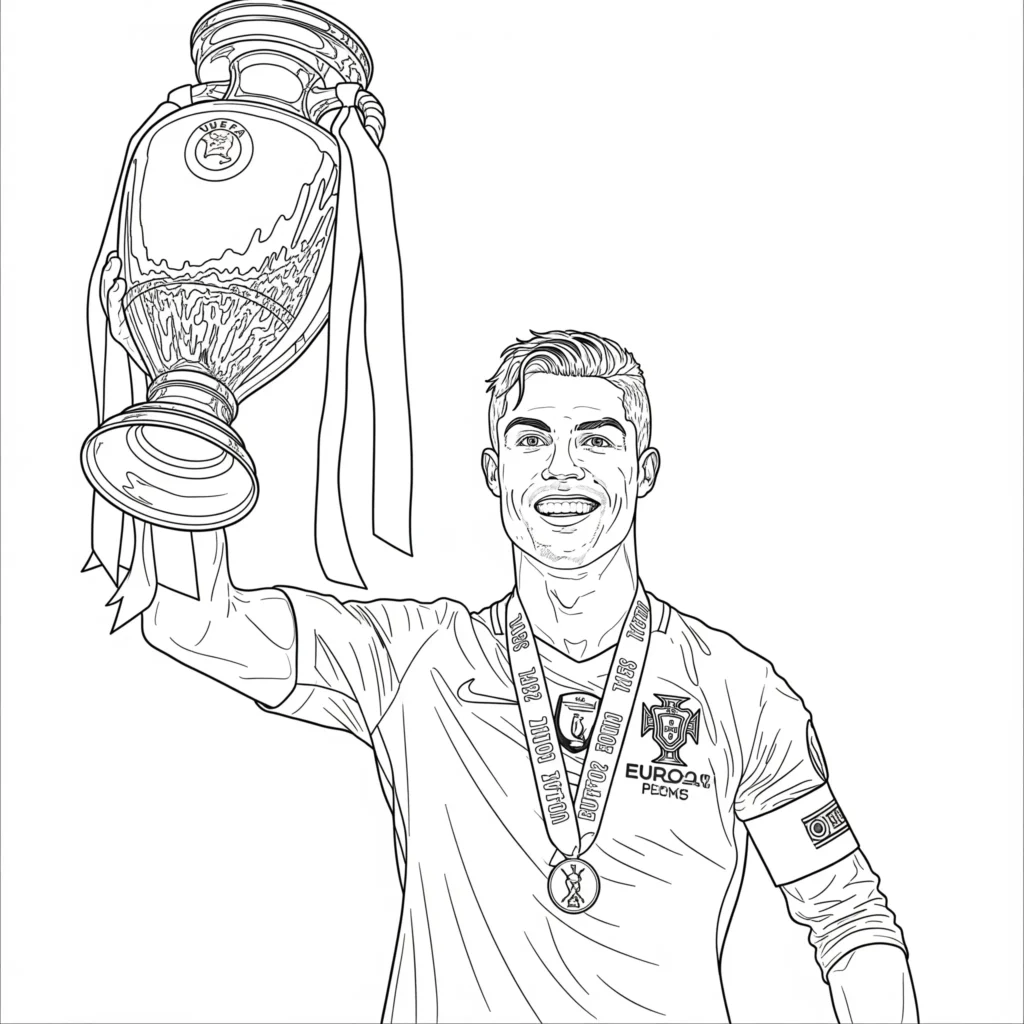 Cristiano Ronaldo Ausmalbild, wie er die Euro Trophäe hält, zum Ausdrucken und Ausmalen für Kinder und Fußballfans