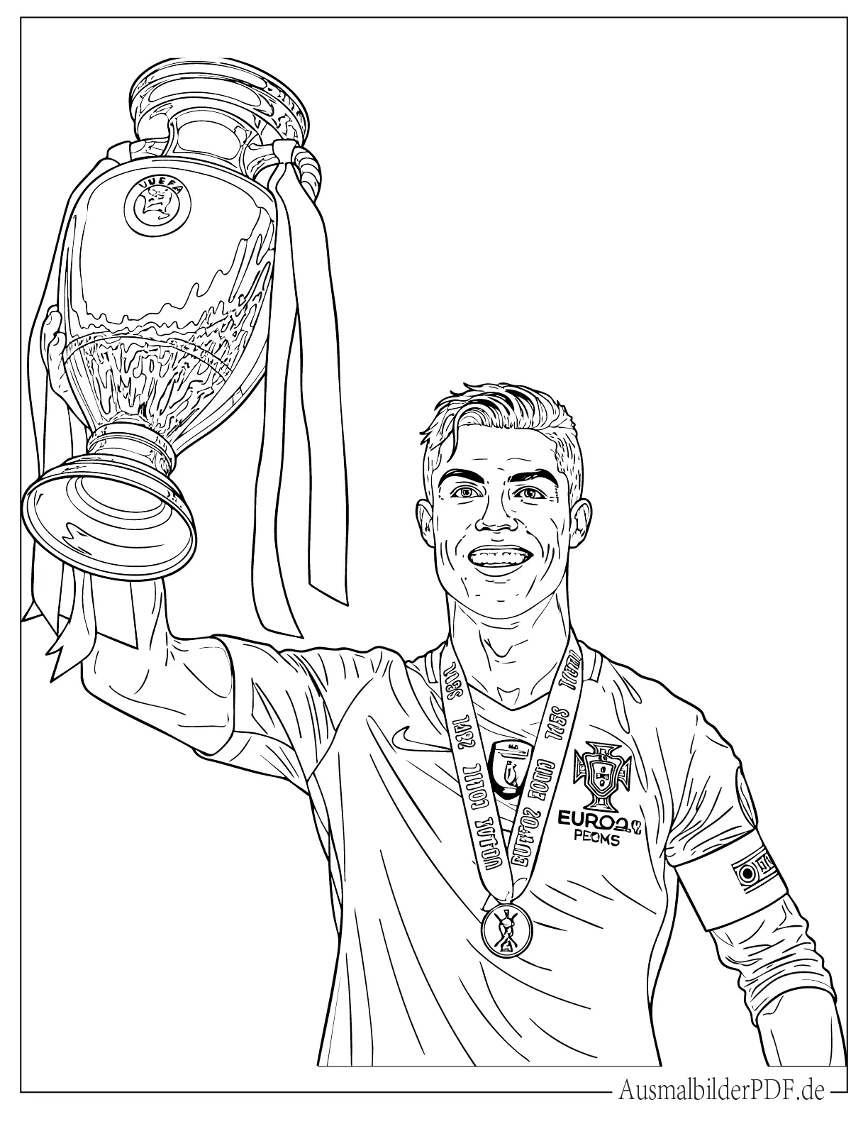 Malvorlage von Cristiano Ronaldo, der die EM-Trophäe feiert und hält, detailreiche für Kinder und Fußballfans zum Ausdrucken
