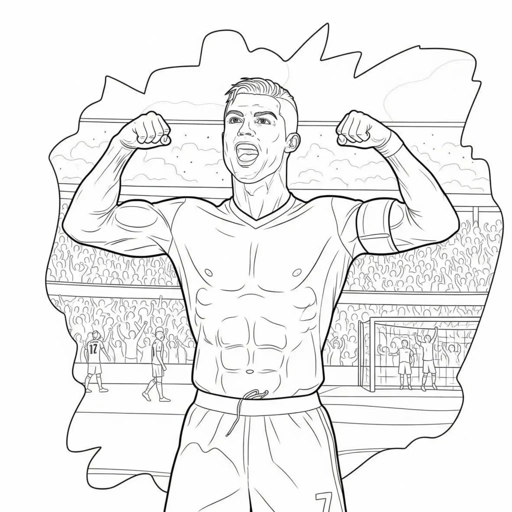 Ronaldo Ausmalbild zeigt Cristiano Ronaldo beim Flexen nach einem Tor, ideal zum Ausdrucken