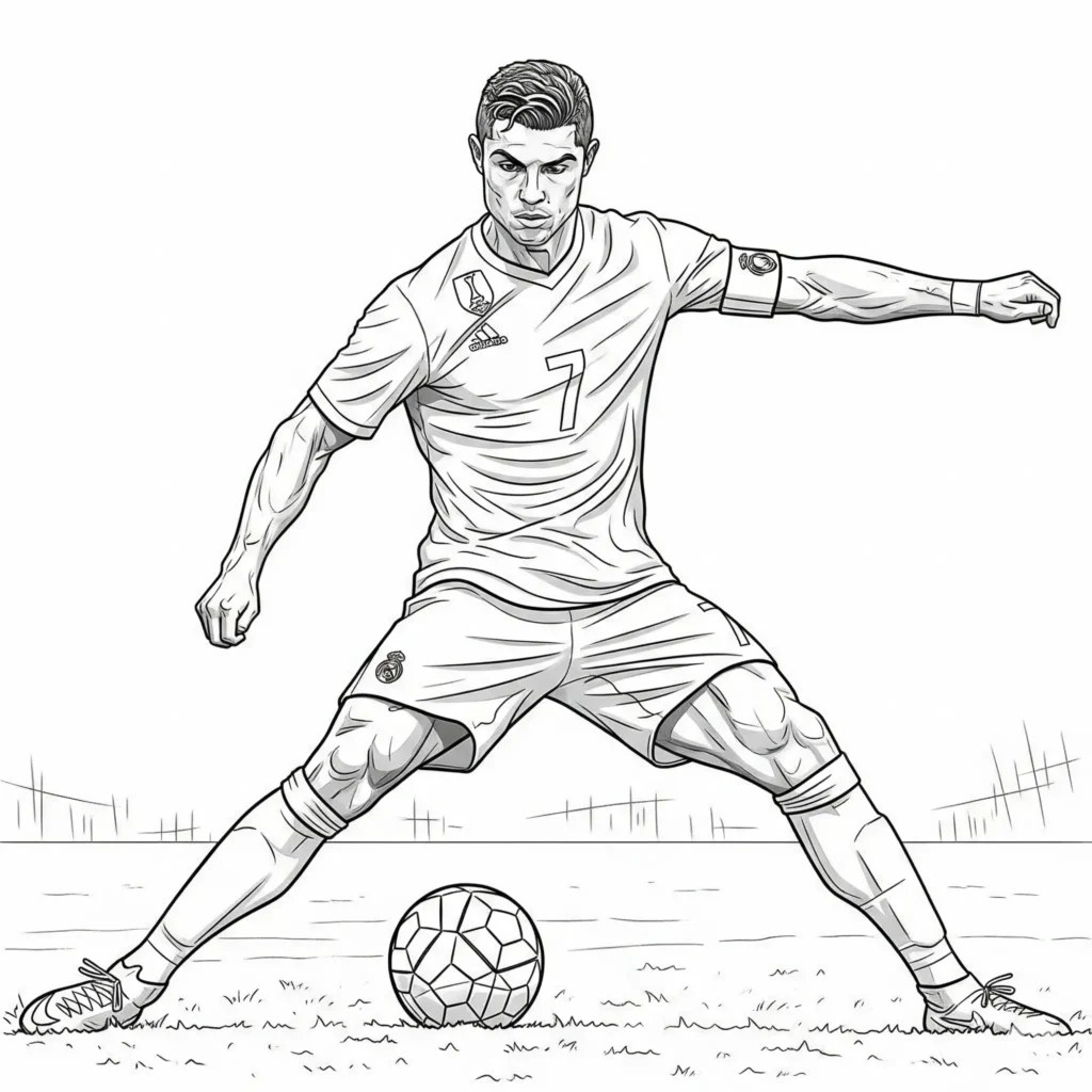 Ronaldo Ausmalbild zeigt Cristiano Ronaldo in der typischen Freistoß Haltung, ideal zum Ausdrucken und Ausmalen
