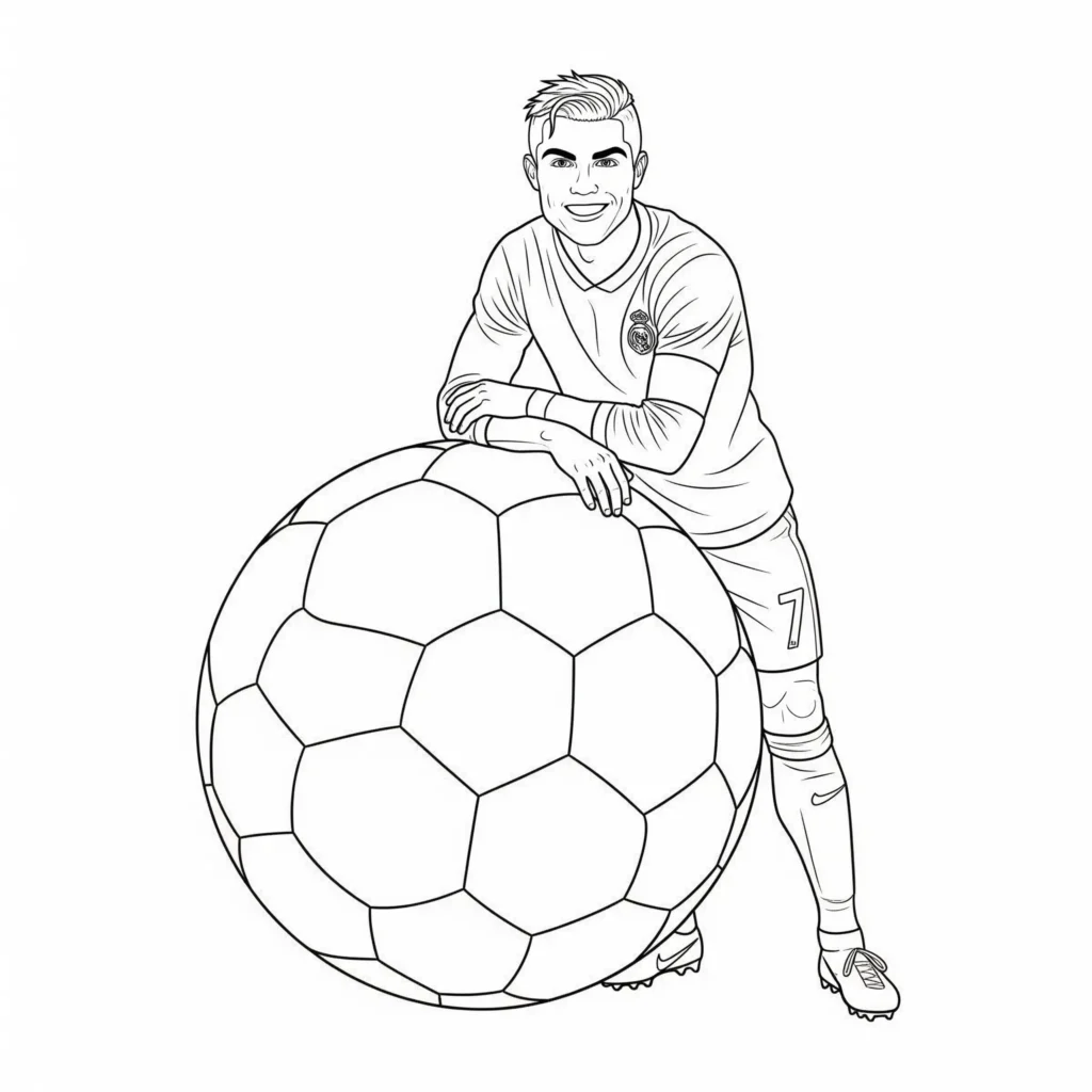 Ronaldo Ausmalbild zeigt Cristiano Ronaldo neben einem riesigen Fußball, ideal zum Ausdrucken