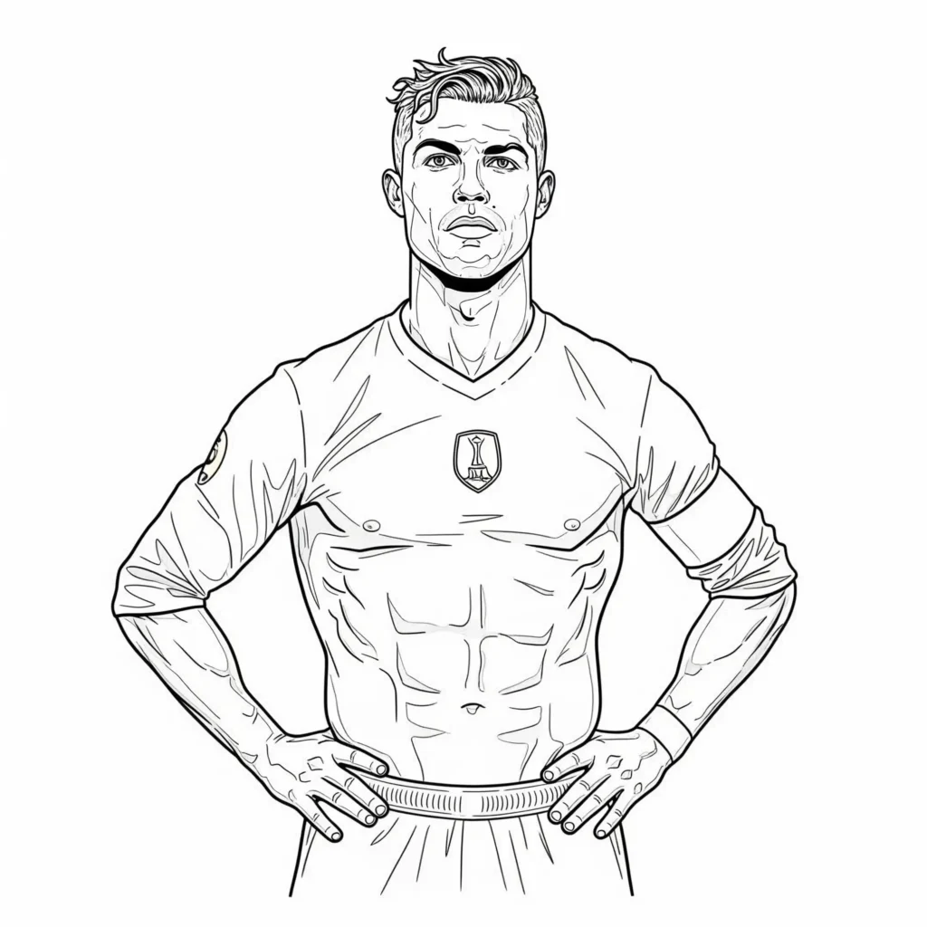 Cristiano Ronaldo Fußball Ausmalbild zeigt Ronaldo in heroischer Pose, perfekt zum Ausdrucken und Ausmalen