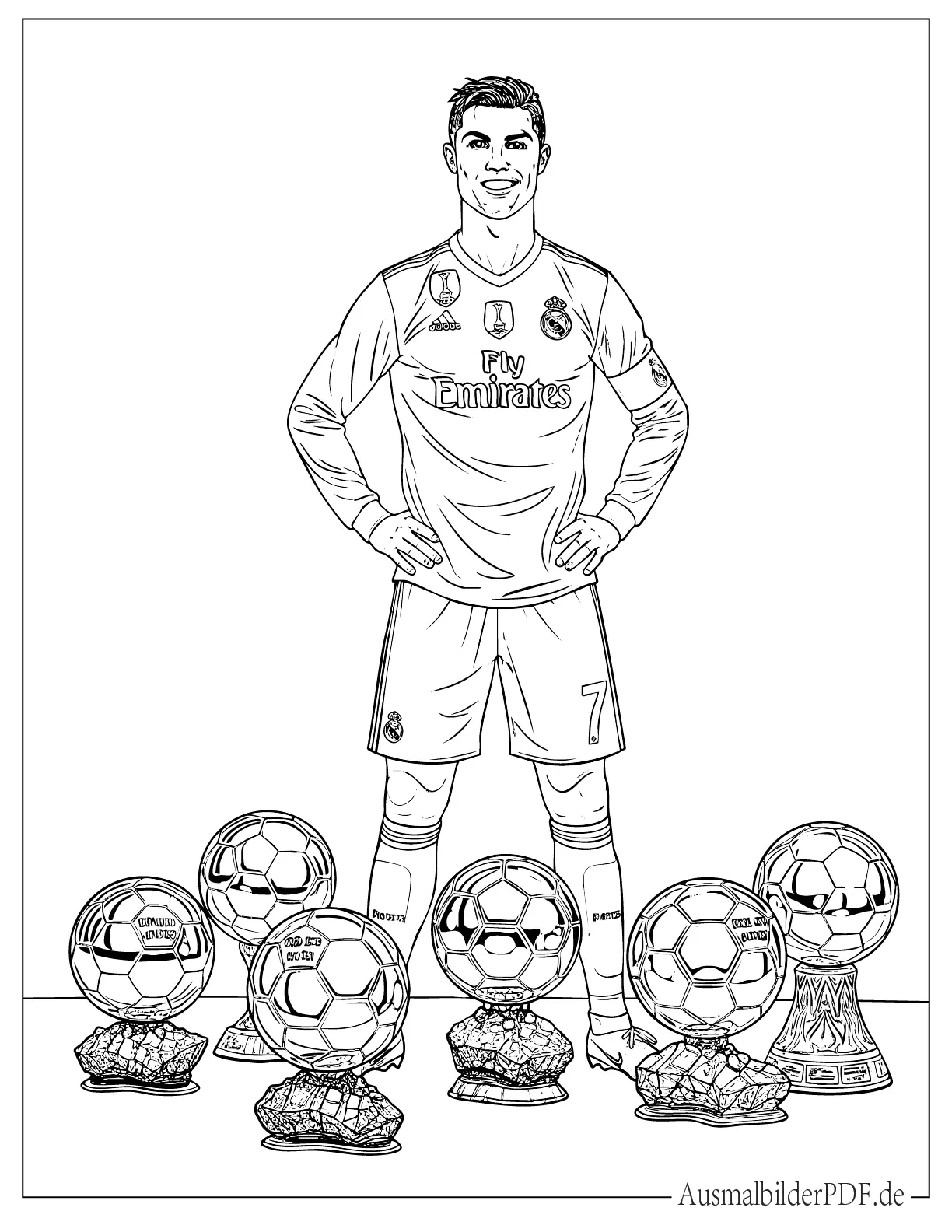 Cristiano Ronaldo mit Ballon d’Or Trophäen Ausmalbild