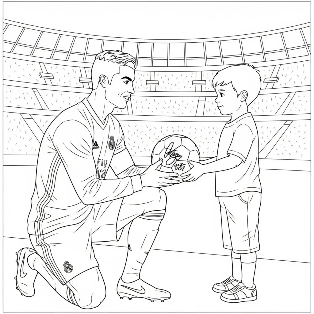 Ronaldo Ausmalbild zeigt Cristiano Ronaldo zusammen mit einem Kinderfan, ideal zum Ausdrucken und Ausmalen