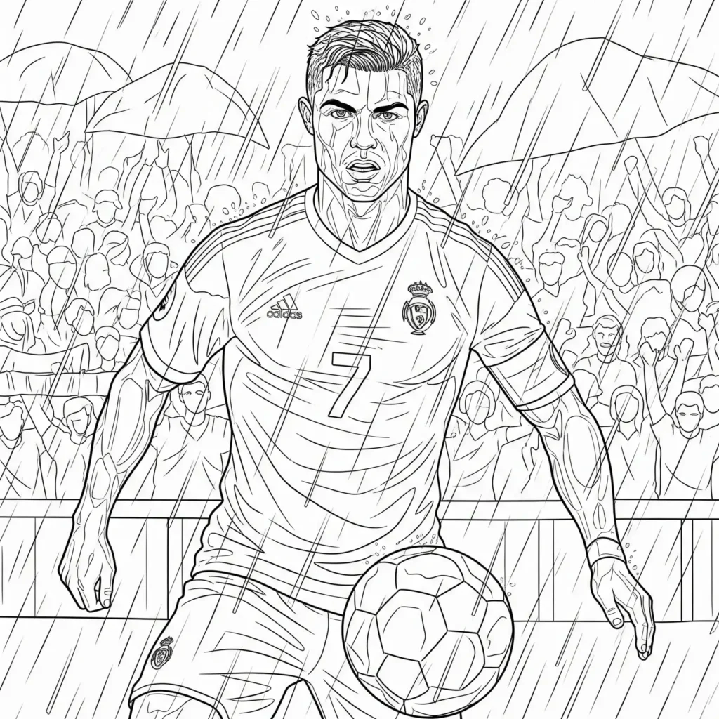 Ronaldo Ausmalbild zeigt Cristiano Ronaldo während eines Fußballspiels im Regen, ideal zum Ausdrucken und Ausmalen