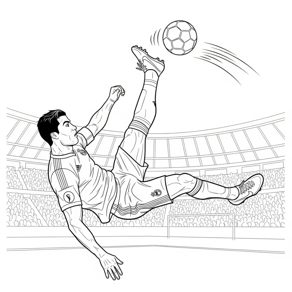 Ronaldo Ausmalbild zeigt Cristiano Ronaldo beim spektakulären Scherenschlag, zum Ausdrucken und Ausmalen für Kinder