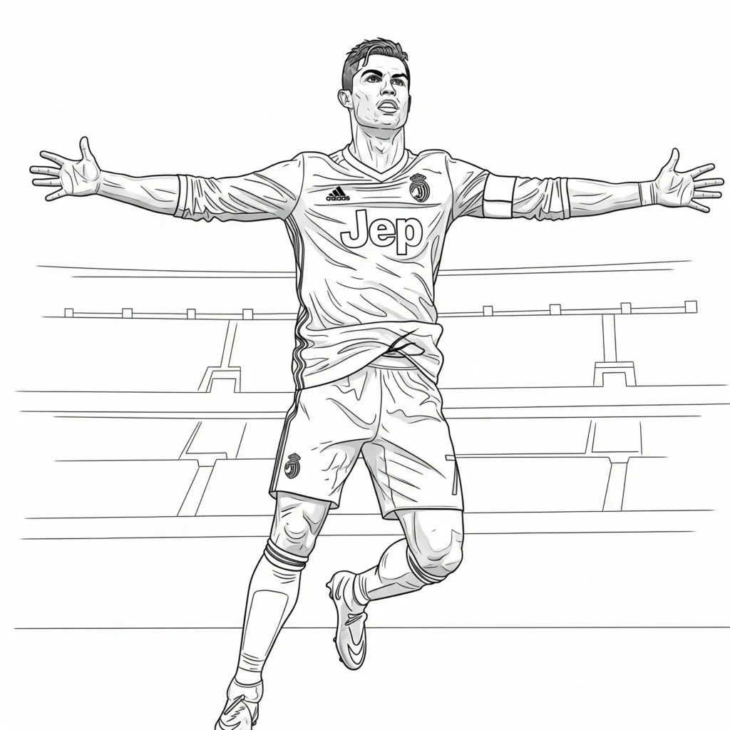 Ronaldo Ausmalbild zeigt Cristiano Ronaldo in der berühmten Siu Pose feiernd, ideal zum Ausdrucken und Ausmalen