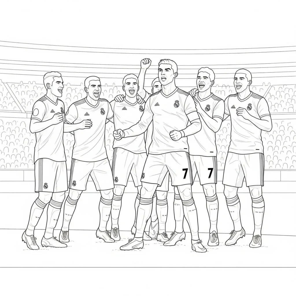 Ronaldo Fußball Ausmalbild zeigt Ronaldo mit seinen Teamkollegen beim Torjubel, zum Ausdrucken und Ausmalen für Kinder und Fußballfans