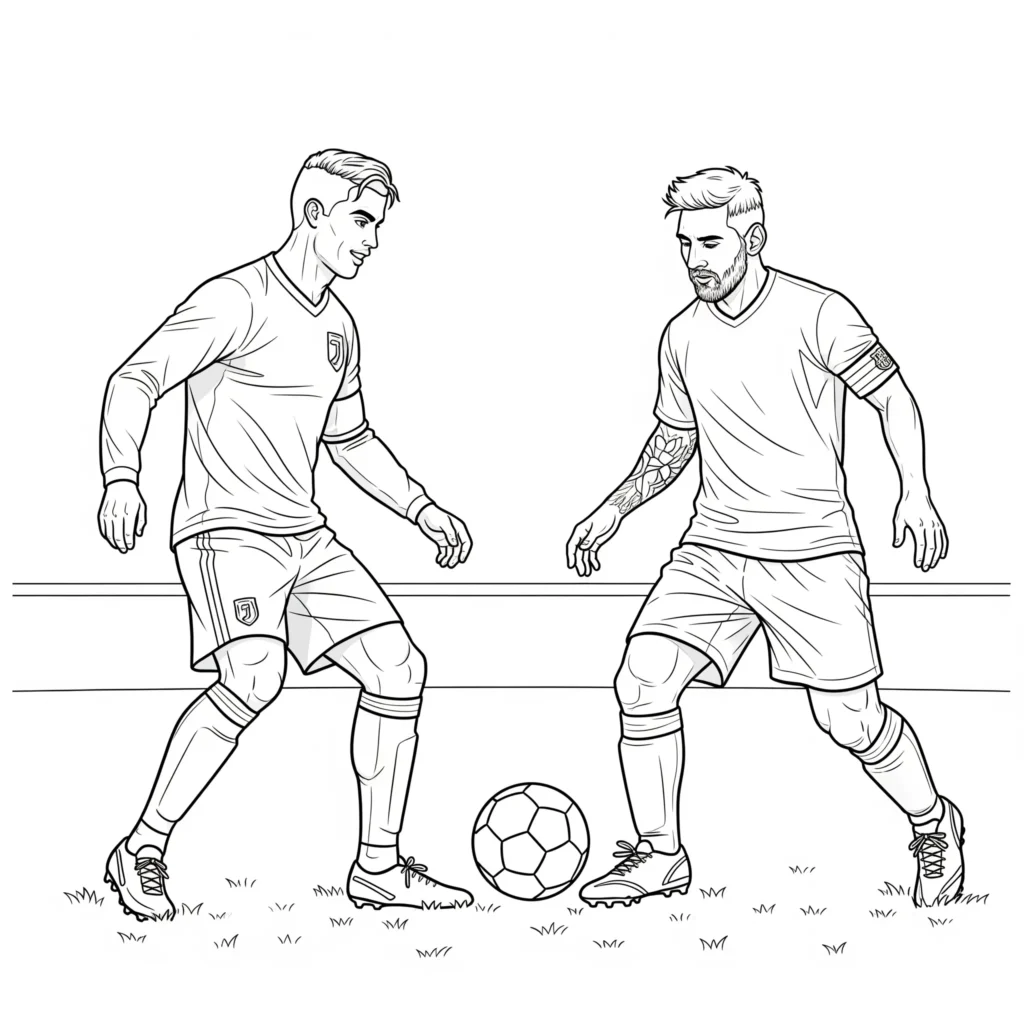 Ronaldo vs Messi Ausmalbild zeigt die beiden Fußballstars im Duell, perfekt zum Ausdrucken und Ausmalen für Kinder und Fans