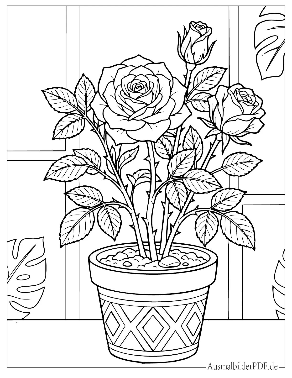 10 Rosen Ausmalbilder (Gratis Vorlagen zum Ausdrucken) Detaillierte Rose im Blumentopf zum Ausmalen