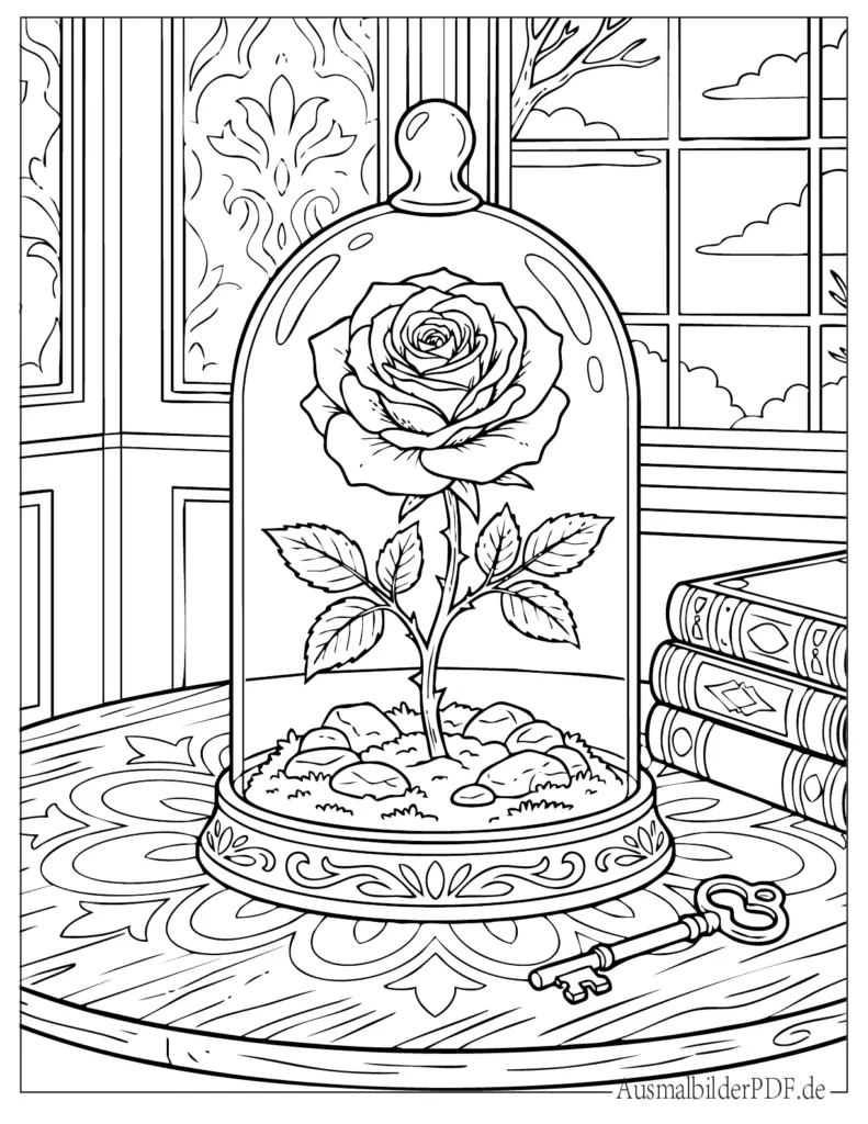 Ausmalbild einer Rose unter einer Glaskuppel, liebevoll gestaltet, ideal für Kinder zum Ausmalen und Ausdrucken