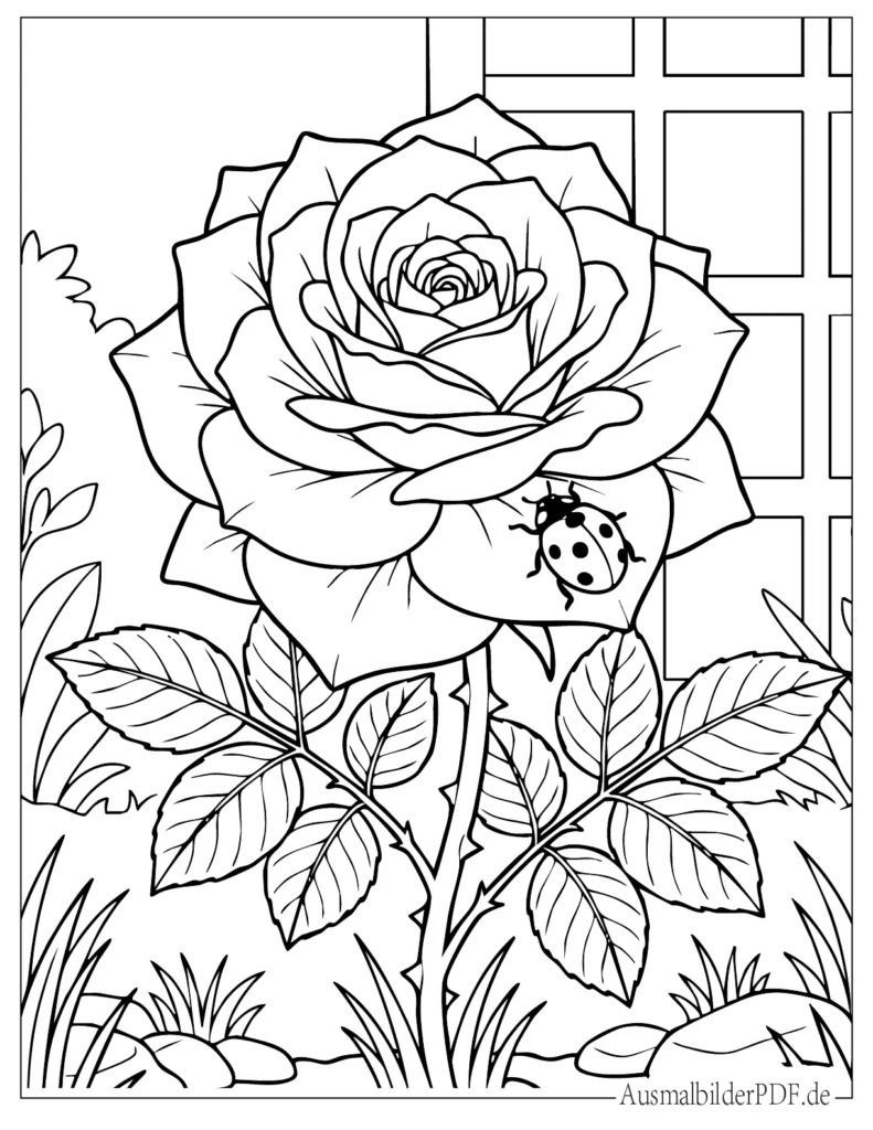 Ausmalblatt einer Rose mit einem Marienkäfer auf der Blüte, perfekt für Kinder zum Ausdrucken und Ausmalen