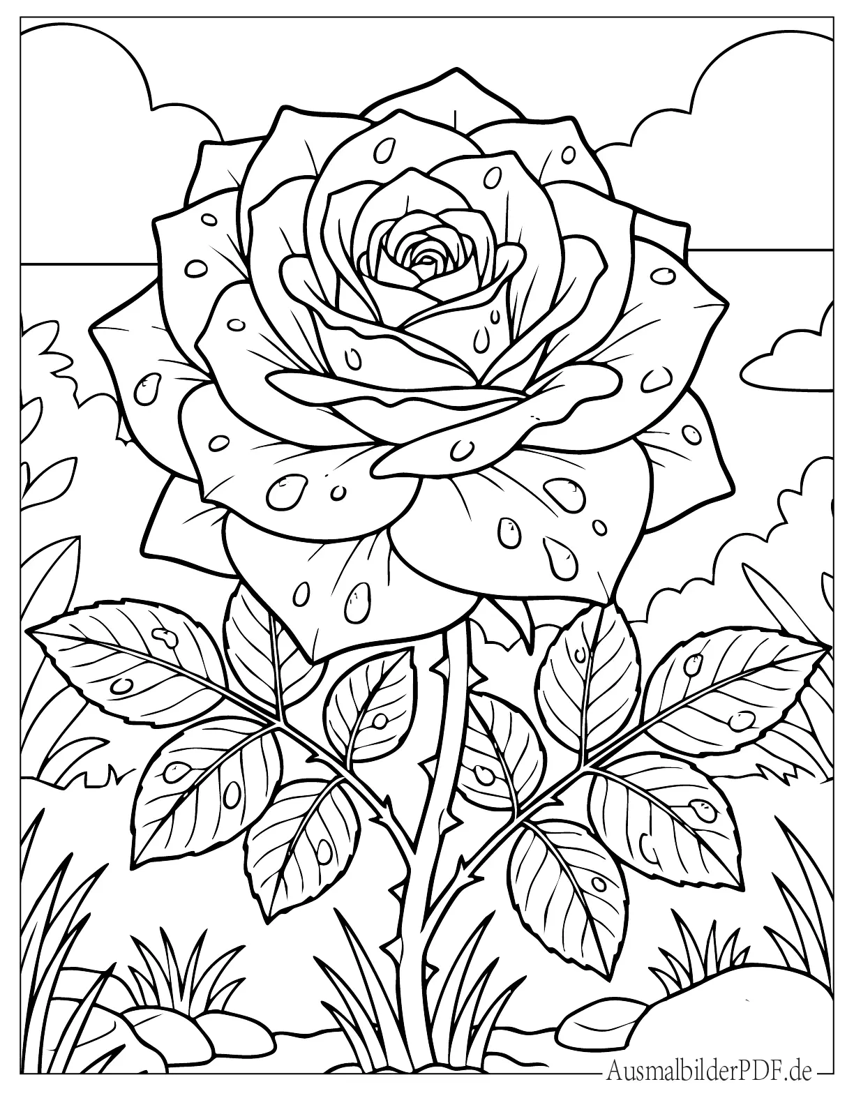 10 Rosen Ausmalbilder (Gratis Vorlagen zum Ausdrucken) Rose mit Regentropfen druckbares Malvorlage