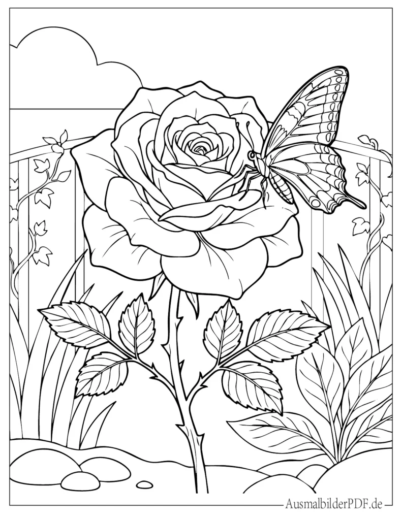 Druckvorlage einer Rose mit Schmetterling auf der Blüte, perfekt für Kinder zum Ausmalen und kreativen Spaß