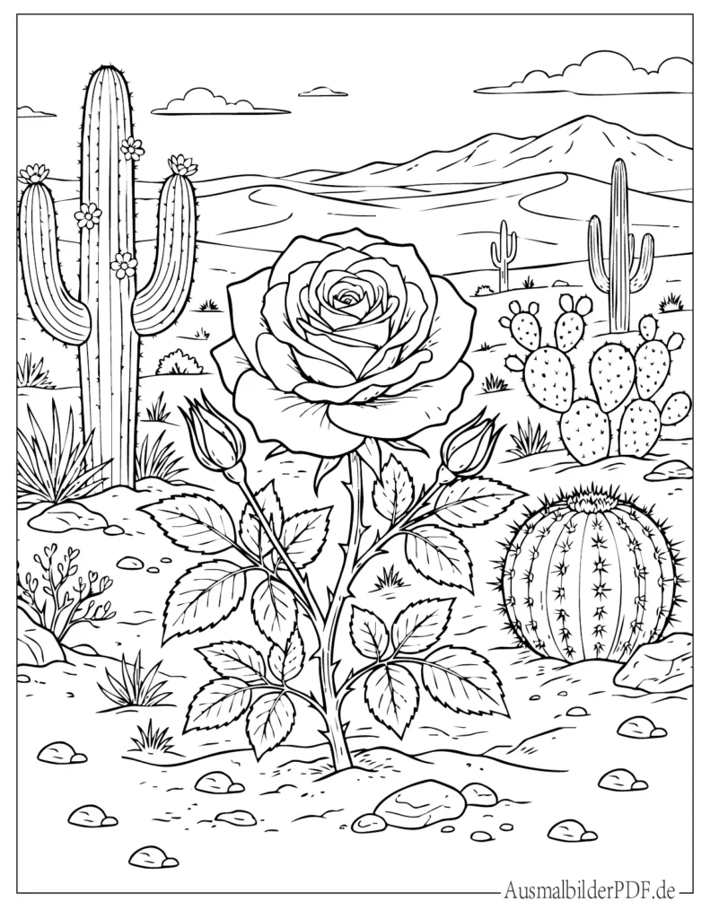 Ausmalbild einer blühenden Rose in der Wüste mit Kakteen im Hintergrund, perfekt für Kinder zum Ausmalen