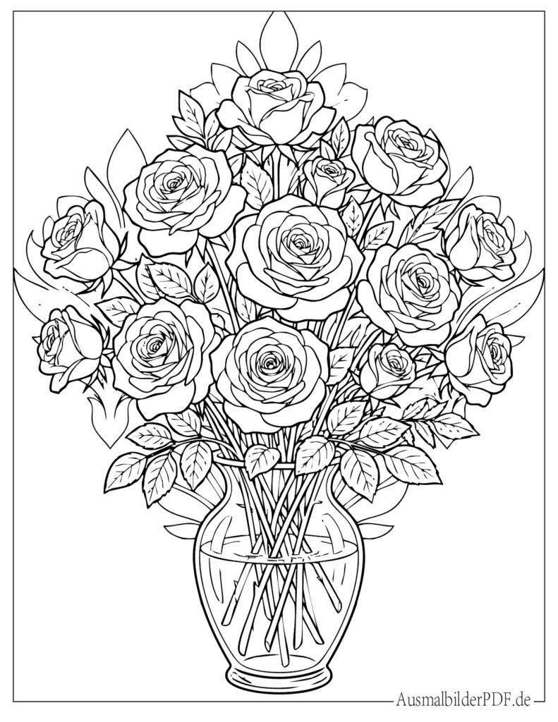 Malvorlage eines Rosenstraußes mit mehreren Blüten, kindgerecht gestaltet zum Ausdrucken und Ausmalen