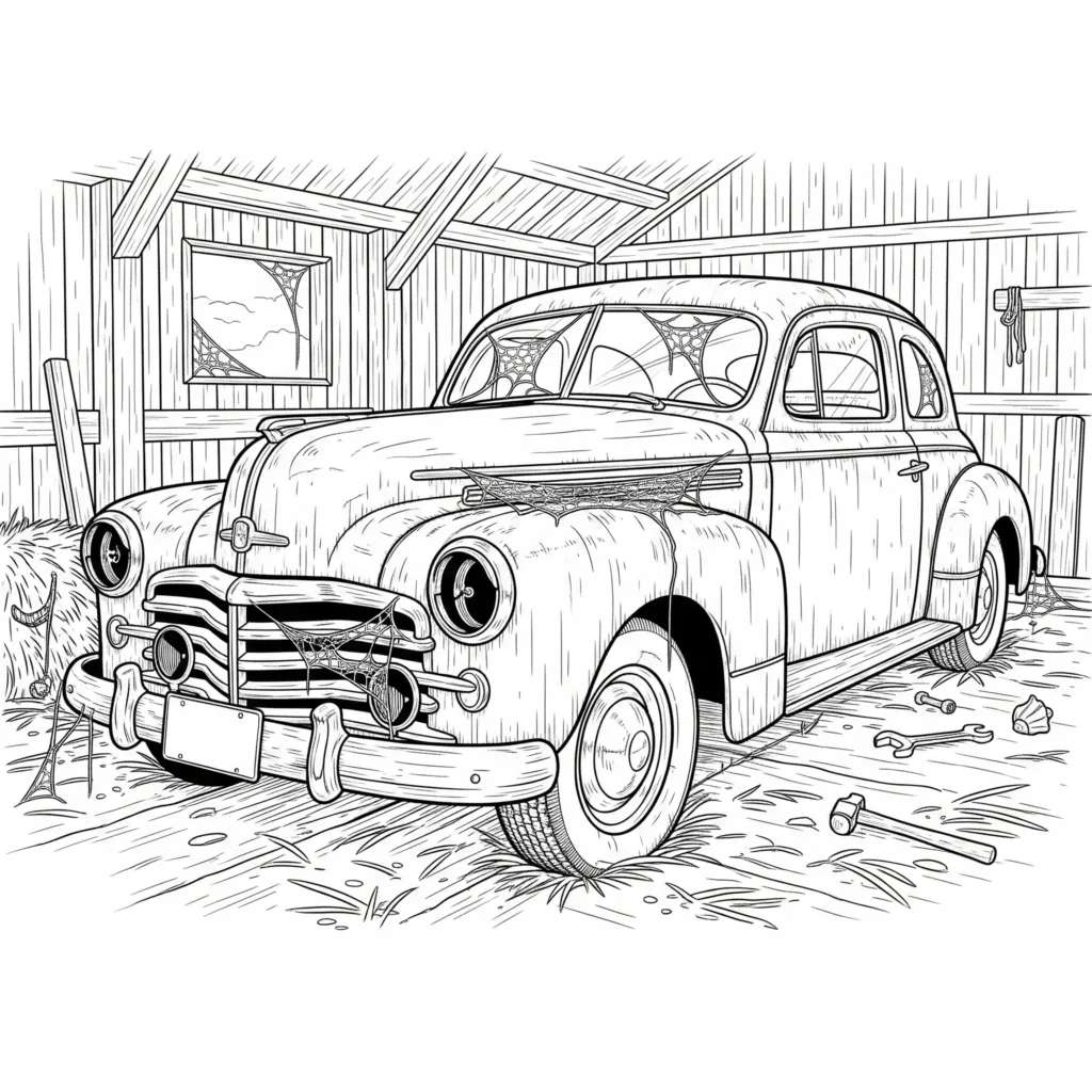Oldtimer Ausmalbilder (Kostenlos Malvorlage zum Ausdrucken) Ausmalbild eines alten rostigen Autos in einer Scheune mit Holzwänden und Stroh, perfekt zum Ausmalen für Kinder und Auto Liebhaber